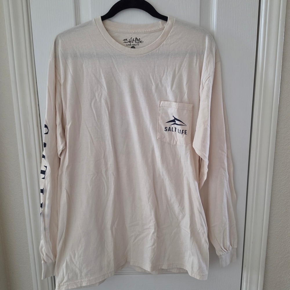 Salt Life SeaWorld Mens Large Long Sleeve Pocket T-Shirt Cream Fish Graphic Tee